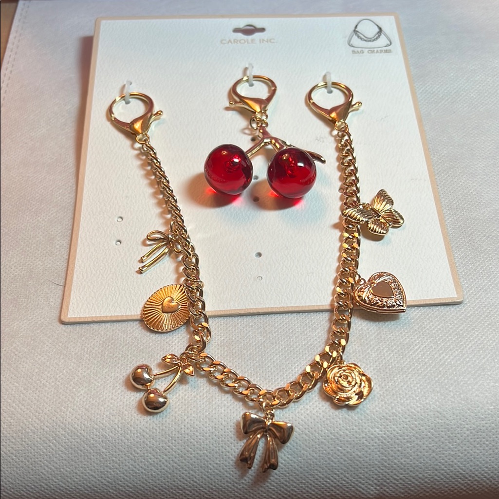 Gold Bag Charm Set And Red Cherries Bag Keychain/ Bag Charm